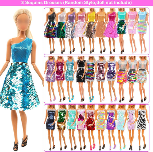 BARWA 10 Sets Doll Clothes, 3 Sequins Dresses, 3 Floral Dresses & 4 Casual Outfits for 11.5 Inch Dolls