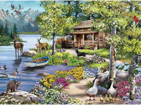 Bits and Pieces 300 Piece Jigsaw Puzzle - Cabin by The Lake, 18" x 24" Woodland Animal