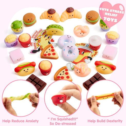 28 Packs 14 JOYIN Valentines Day Mochi Squishy Toy Gift Cards for Kids, Designs Kawaii Desserts Mochi to Squeeze