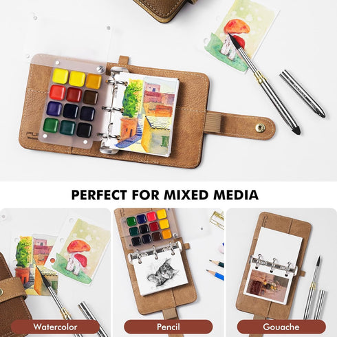 Set 12-Color 100% 20 Fuumuui Watercolor Sketchbook Refillable Travel Paints Kit & Cotton Cold Press Sheets Art Journal