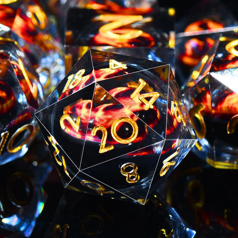 AUSTOR 7 Die DND Dice Set: 7 Pieces Red Flame Dragon Resin Dice with Case