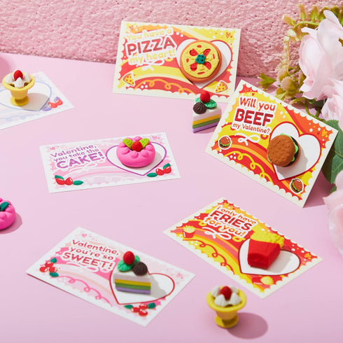 JOYIN 36 Pieces Valentines Day Gift Cards - 3D Dessert Erasers for Kid Classroom Cards, Party Favor Toy Supplies.