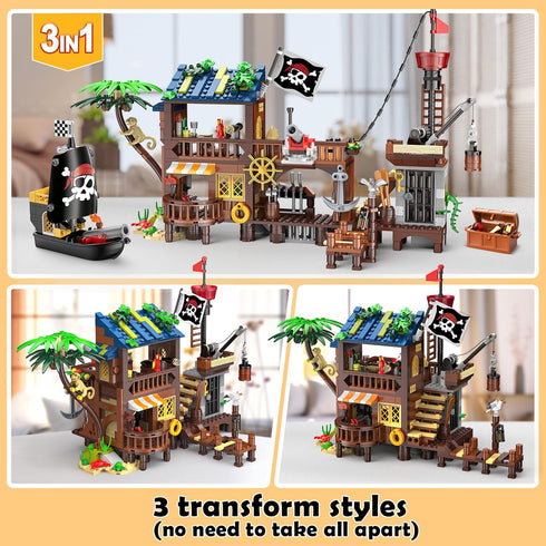 Set 3 Set, 781PCS 6-12+ HOGOKIDS Pirate Ship House Building with LED Light - Style Modes Pirate Wharf Supply Center