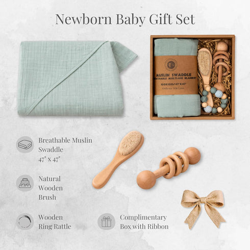 BoxLux Newborn Baby Gift Box with Bamboo Muslin Swaddle Blanket, Wood Rattle Toy and Wool Brush, Welcome Box for Baby