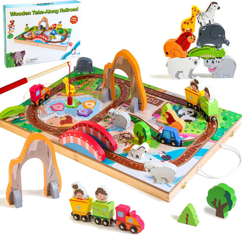Wooden Take Along Train Set with Magnetic Fishing Game, 25 Pcs Animal Stacking Toy for Toddlers 1-3