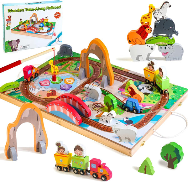 Wooden Take Along Train Set with Magnetic Fishing Game, 25 Pcs Animal Stacking Toy for Toddlers 1-3