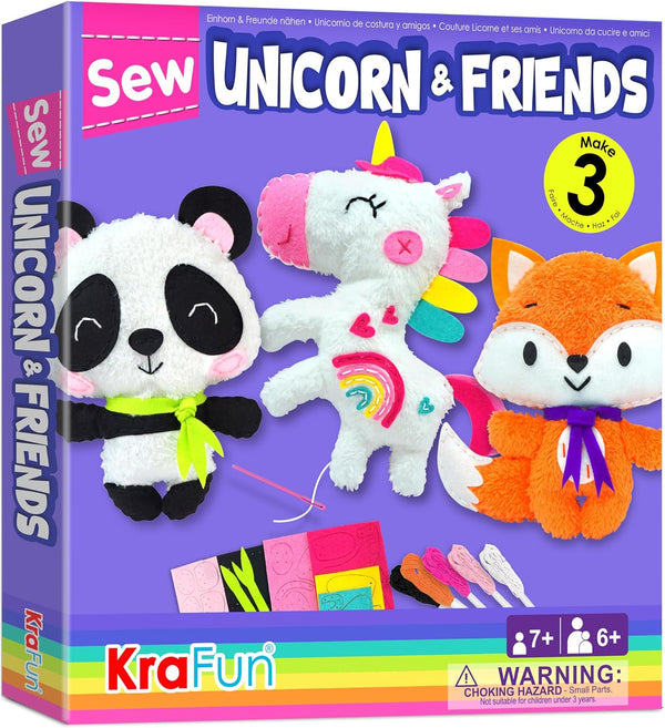 KRAFUN Unicorn Beginner Animal Sewing Kit for Kids Age 7-13 - Includes 3 Stuffed Animal Dolls