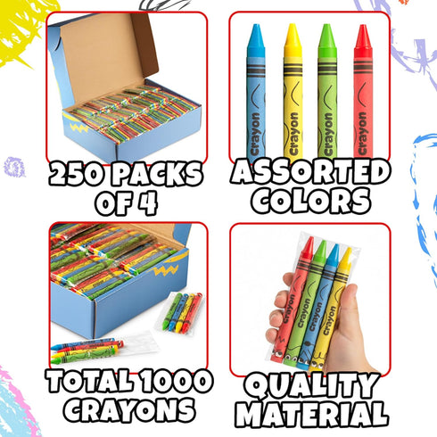 1000 Pack (250 Sets 4) Bulk Crayons of - Individually Wrapped Crayons Party Favors for Kids, Restaurants, Classrooms