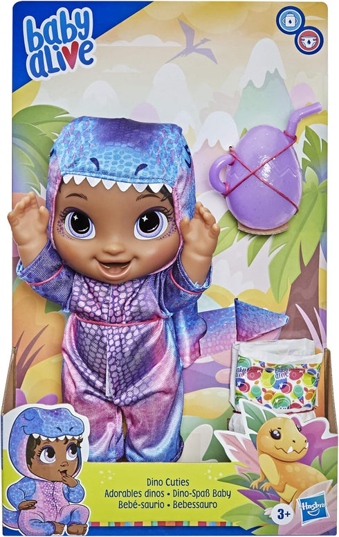 Baby Alive Dino Cuties Doll, Tyrannosaurus, Doll Accessories, Drinks, Wets, T-Rex Dinosaur Toy for Kids Ages 3 Years and Up, Black Hair