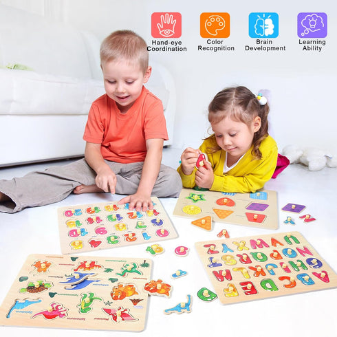 Montessori Wooden Peg Puzzles for Toddlers 2 3 4 5 Year Old, 4 Pcs Kids Educational Toys Preschool Learning Activities-Alphabet, Shape, Number and Dinosaur, Baby Puzzle Gifts for Boys Girls