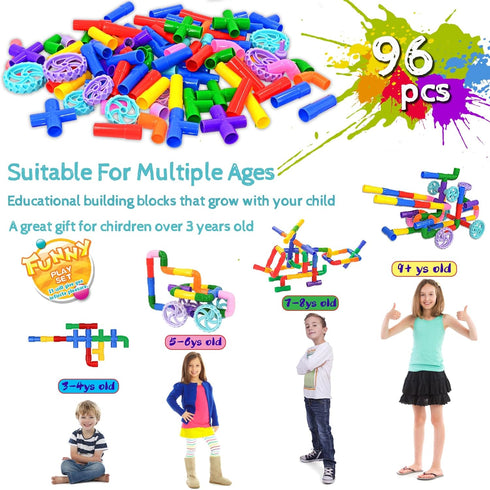 FUBAODA STEM Learning Pipe Tube Toys, 96 Pcs Multicolor Building Blocks Set with Wheels, Spouts & Joints for Kids Ages