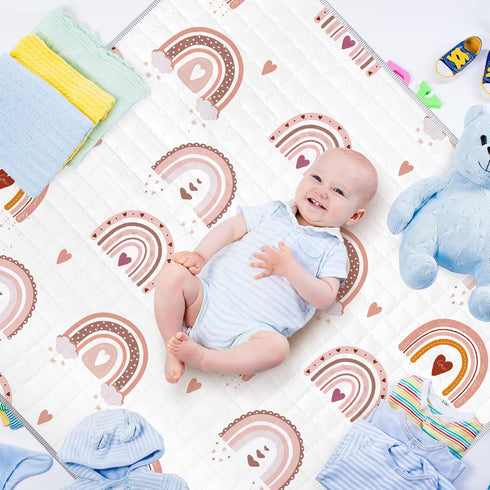 Boho Rainbow Portable Baby Play Mat, 43 x 43 Inch Washable Foldable Crawling Mat, Non Slip Playmat for Babies