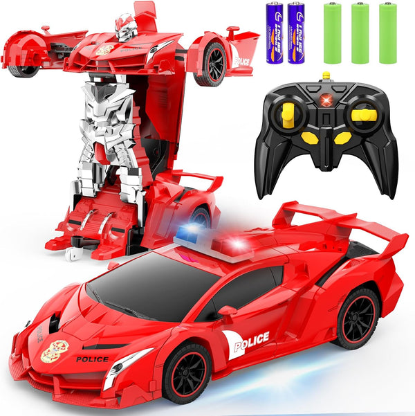 Transform Remote Control Car Robot, 1:18 Scale Police Car with Flashing Light, 360 Degree Rotating Drifting