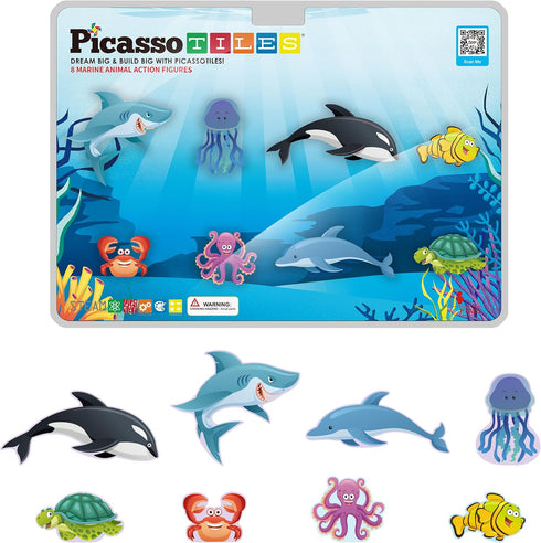 PicassoTiles Magnet Tile Building Blocks, 8 Marine Animal Action Figures Compatible Playset for Kids Toys