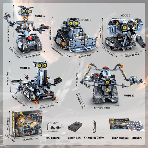 Set- 5 1 Elephant/Bulldozer/Tank/Tracked 12+ HiWEEGO Changeable LED Eyes Robot Building in Remote & App-Controlled