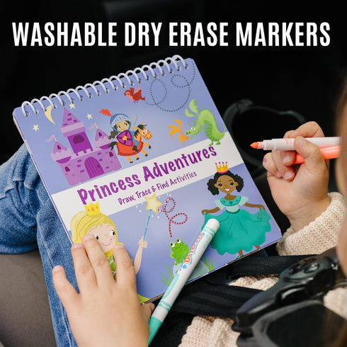 Kids Travel Educational Activity Book with Washable Markers - Car and Airplane Activities, Learning Toys for Ages 4-6