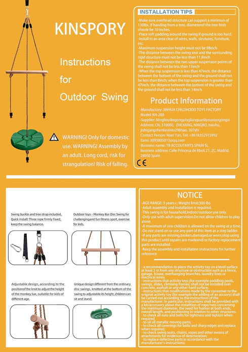 Set 7FT KINSPORY Disc Swing for Kids, Swing Accessories, Height Adjustable Gym Monkey Bars, Hanging Tree Seat