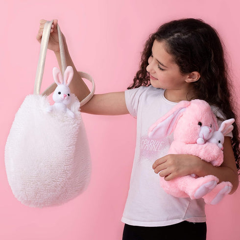 Perfectto Design Bunny Toy Set - 4 Pcs with Mommy, 2 Baby Rabbits, XL Furry Bag, and Doll Blanket for Ages 3-8