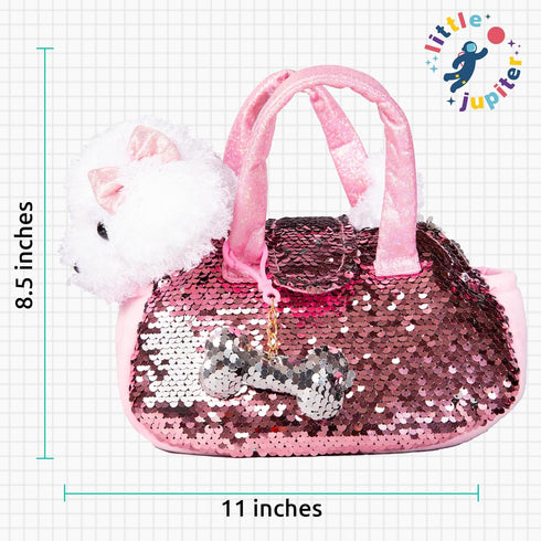 Little Jupiter Pet Plush Set with Purse, Reversible Sequins & Charm - Stuffed Animal Toy for Kids Ages 4-7 (White