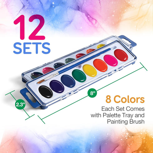 Sets Pack 12, 8 Bedwina Watercolor Paint for Kids - Bulk of Washable Water Color Paints in Palette Tray and Painting