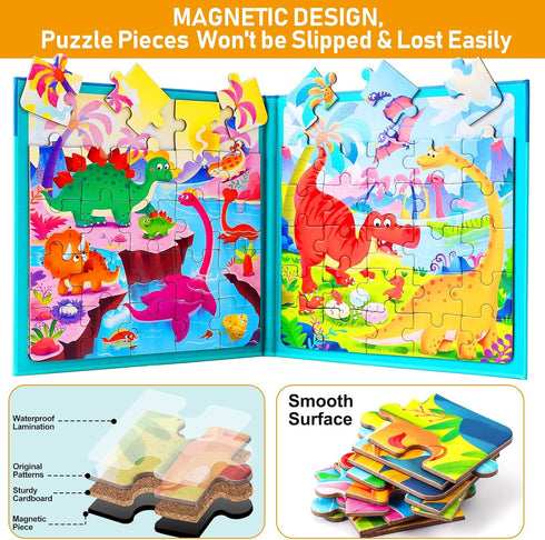 Magnetic Puzzles for Kids Ages 3-5 - Two-Book Set - Dinosaur Animal Jigsaw Puzzle Magnet Books for Learning Activities