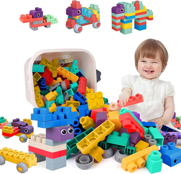 80PCS Baby Blocks Set with Storage Bucket, Soft Rubber Blocks for Babies 6 Months and Up, STEM Educational Toddler Gifts
