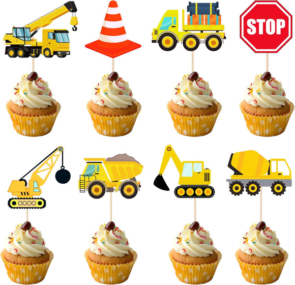 PAVATUTAT 24 PCS Construction Cupcake Toppers Stop Sign Dump Truck Excavator Tractor Party