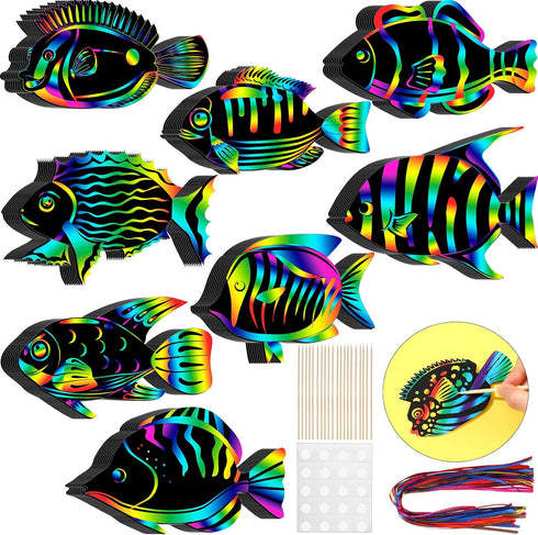 Motionchic 80 Pieces Tropical Fish Scratch Card for Kids, Rainbow Ocean Fish Paper Crafts for Summer Party DIY