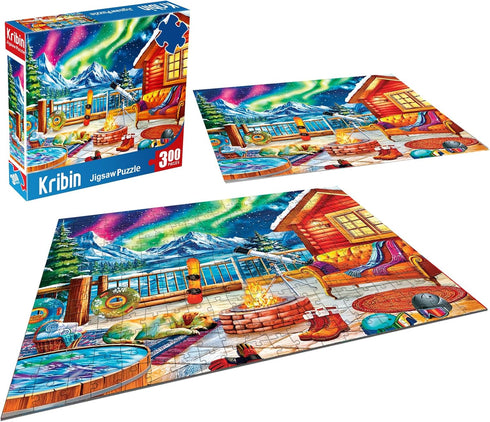 300 Piece Puzzles for Adults Large Piece - Jigsaw Puzzle for Kids Seniors - Northern Lights Lounge Cabin
