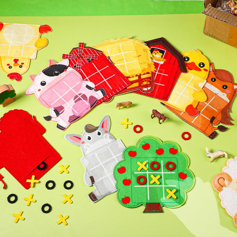 24 Pack Farm Animals Tic Tac Toe Board Game, Felt Barnyard Party Favors for Farm Themed Supplies