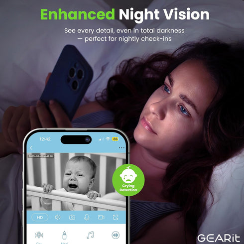 GEARit 2K 2 Setup, Set Baby Monitor with Camera & Audio Video with Motion & Crying Detection, Way Audio Easy WiFi