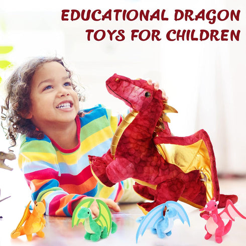 Lenwen 5 Pcs Dragon Plush Stuffed Animal - 16 Inch Giant Mommy Dragon with 4 Pcs Babies in Zippered Belly for Kids