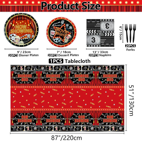 Movie Night Party Supplies for 20 Guests, Disposable Tableware Set with Now Showing Plates and Napkins