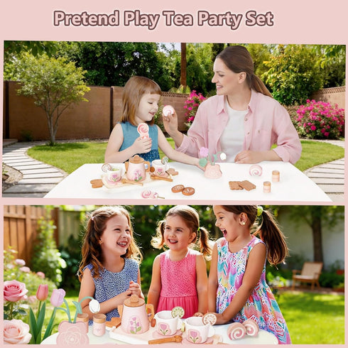 Set Set 26 Set 3-5 Wooden Tea for Little Girls, Pretend Play Tea Party Toy with PCS Play Kitchen Accessories, Princess