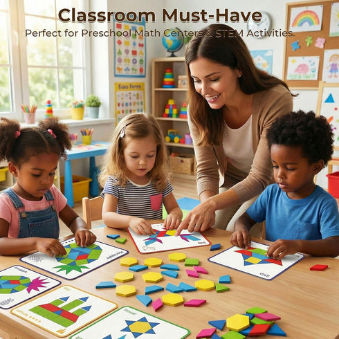 3 150 otters Wooden Pattern Blocks Shapes for Kids, Geometric Tangram Puzzle with Activity Cards, PCS Educational Toy