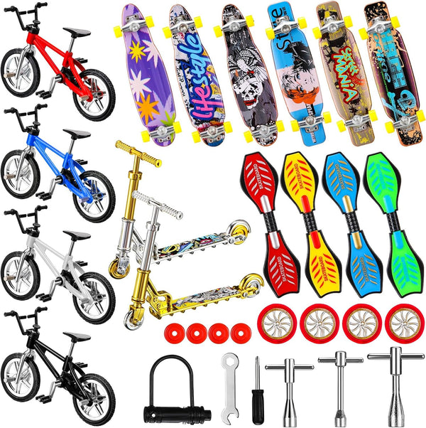 Skylety 31 Pieces Mini Finger Toys Set for Boy Girl, Includes Finger Skateboards, Bikes, Mini Scooters