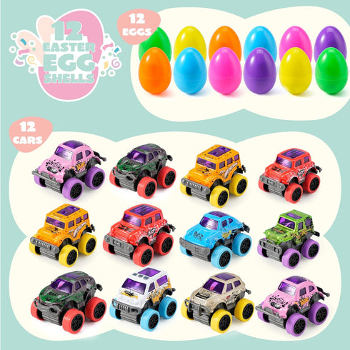 12 JOYIN Pcs Easter Eggs Filled with Pull Back Monster Cars, Easter Trucks Cars for Kids Egg Hunt, Basket Stuffers