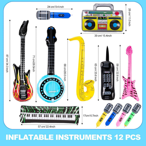 12 Pcs Inflatable Instruments, Rock Star Toy Set with Inflatable Guitar, Saxophone, Microphones for 80s 90s Party