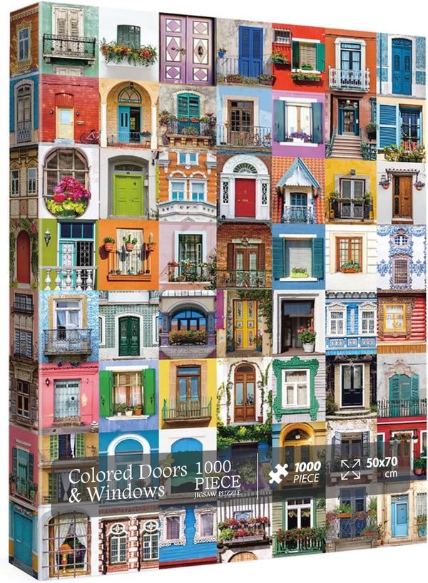 Colorful Doors and Windows Jigsaw Puzzles for Adults 1000 Pieces, Vintage Art Puzzles for Home Decor