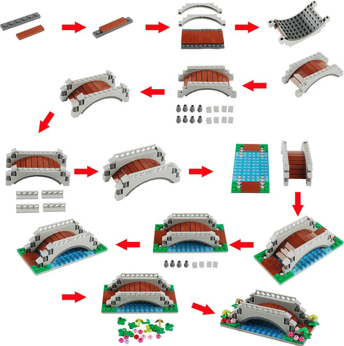 Arch Bridge Pond Building Blocks, Small Fountain Scenery Accessories Set Compatible with Major Brands