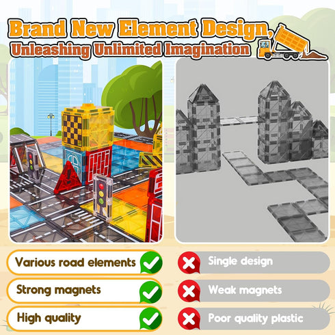 Magnetic Tiles Kids Construction Toys - Road Set with Magnet Crane for Boys Age 3-10, Building Blocks Expansion Pack