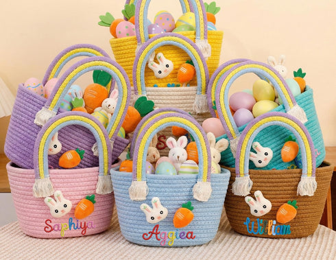 OXYEFEI Personalized Easter Basket for Kids,Custom Cute Easter Rabbit Carrot Cotton Woven Basket with Name,Egg Hunts