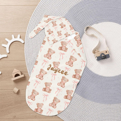 YallLocoMo Personalized Baby Swaddle Blanket for Boys Girls Tdeey Bear Pink Bow Custom Name Receiving Soft Blanket