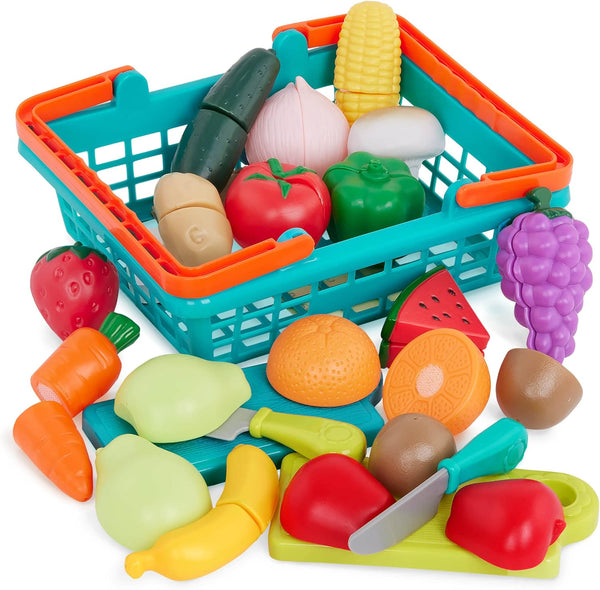 Battat Play Food for Toddlers, Farmers Market Basket and Chopping Board, Toy Food for Kids (37 Pcs)