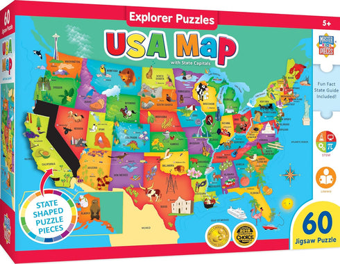 MasterPieces 60 Piece Educational USA Map State Shaped Jigsaw Puzzle for Kids - 16.5"x12.75"