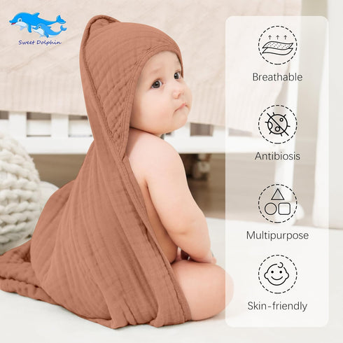 2 Pack 100% 32x32Inch SWEET DOLPHIN Muslin Hooded Baby Bath Towels - Cotton Towel for Babies, Infants, Toddlers
