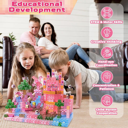 100 Sets, 3 4 5 6 7 8-12 Magnetic Blocks - PCS Transparent Magnetic Building Block for Kids, Pink Princess Castle