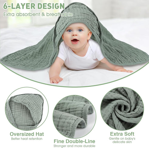 2 Pack 32 32 Inches, Synrroe Hooded Muslin Cotton Baby Towels (Green/Brown), by Ultra-Soft & Breathable for Baby Bath