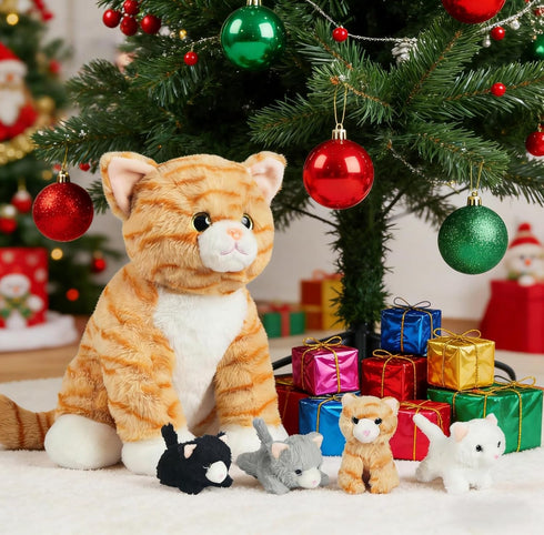5 1 Mommy 4 Pieces Cat Stuffed Animal with Babies Inside Belly Stuffed Cat Toy with Baby Plush Kittens, Orange Tabby