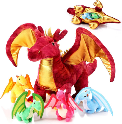Lenwen 5 Pcs Dragon Plush Stuffed Animal - 16 Inch Giant Mommy Dragon with 4 Pcs Babies in Zippered Belly for Kids